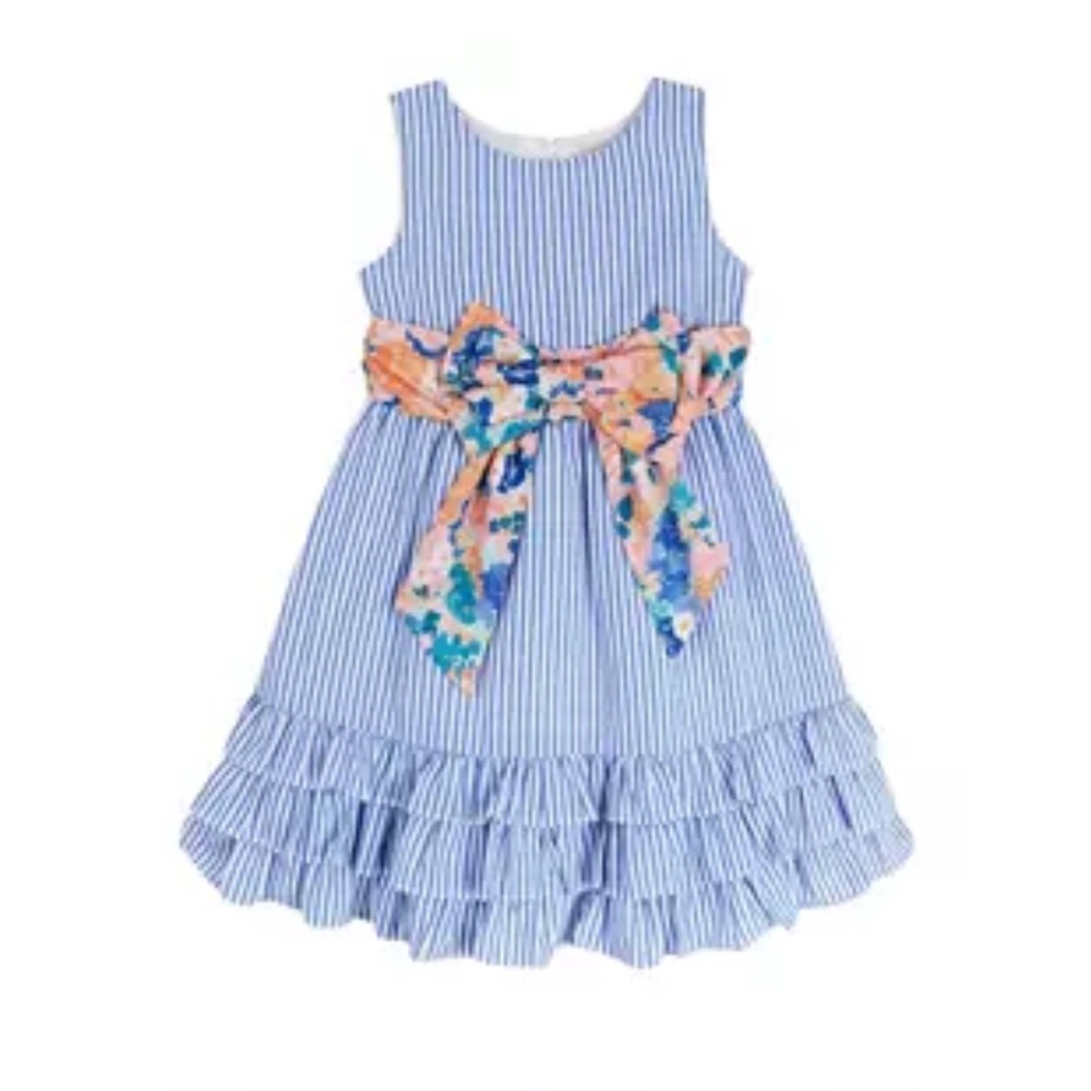 Rare Editions Blue Striped Dress with Floral Bow